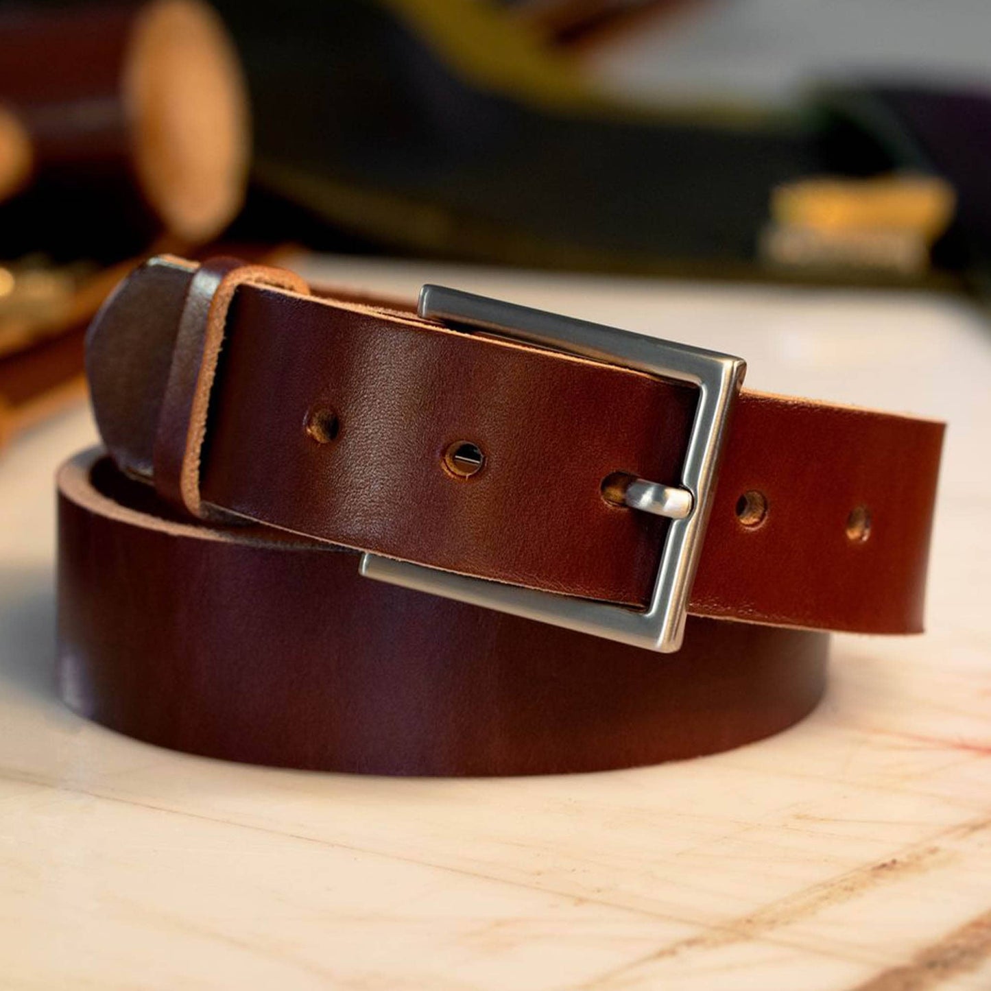 British Brown leather belt with a brushed nickel dress buckle.