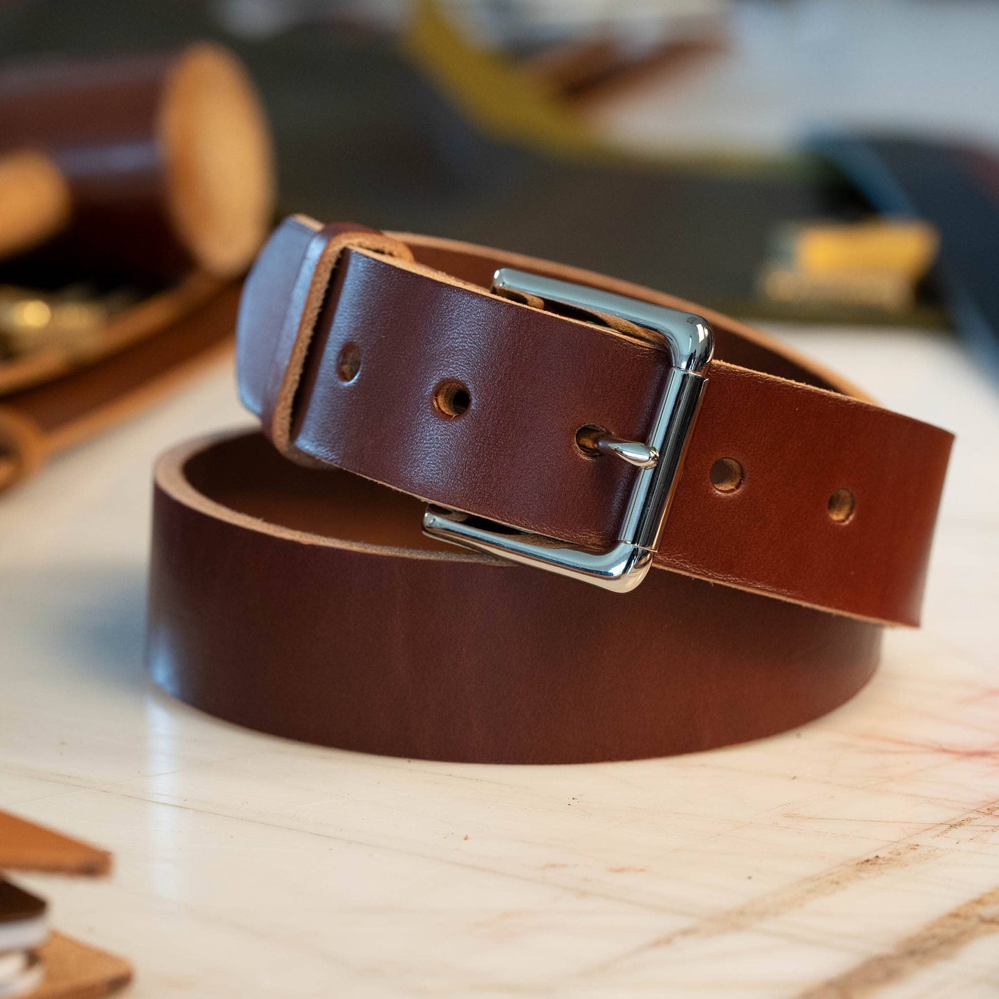 British Brown leather belt with a chrome casual belt buckle.