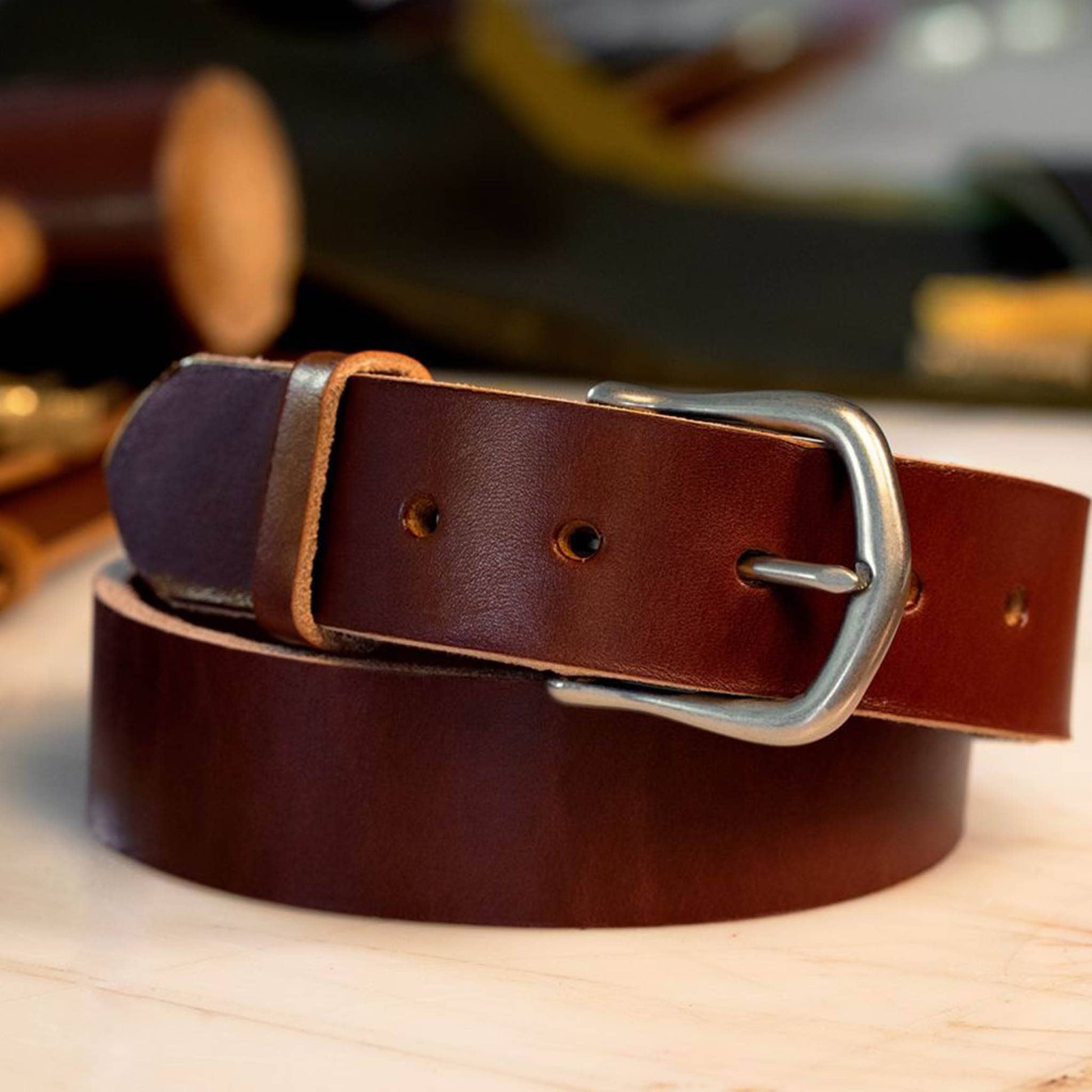 British Brown leather belt with a nickel matte semi dress buckle.